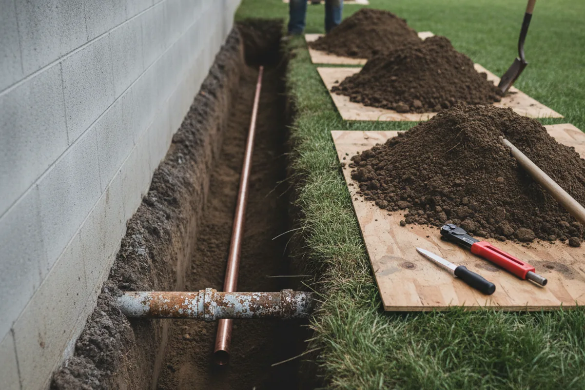 Excavated water line trench during Water Softener Installation in Brighton